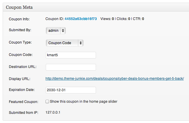 Deals Premium WordPress Theme Edit Coupon - Admin