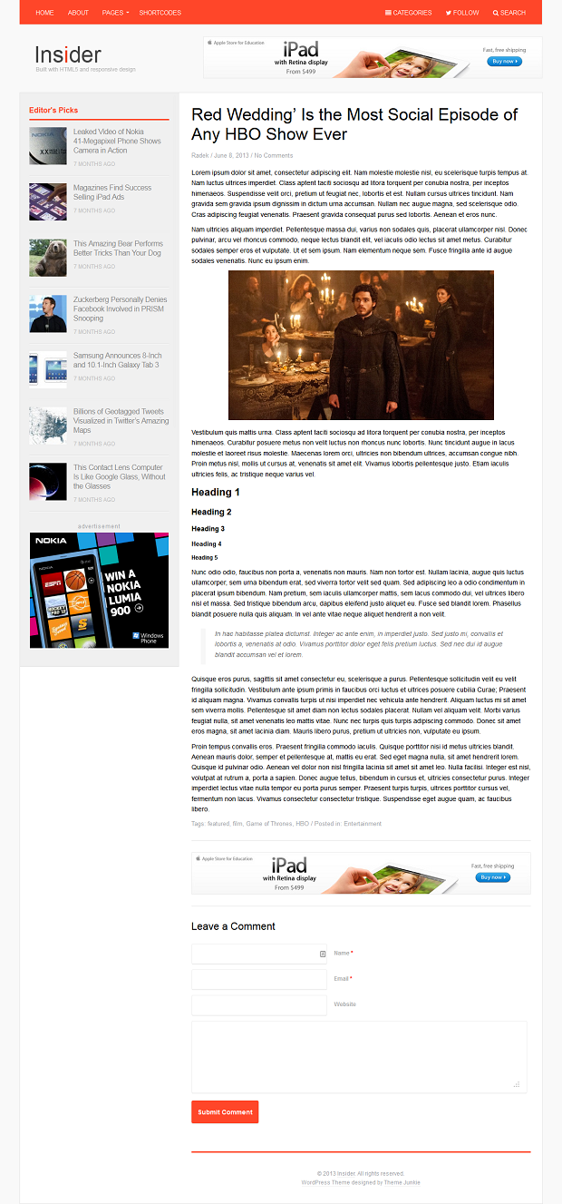 Blog post template for Insider - a Premium Magazine / Blogging WordPress template by Theme Junkie Insider - Premium WordPress template by Theme Junkie