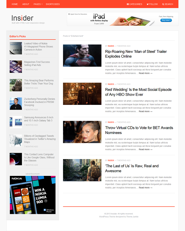 Category page for Insider - Premium Magazine / News WordPress template Insider - Premium WordPress template by Theme Junkie