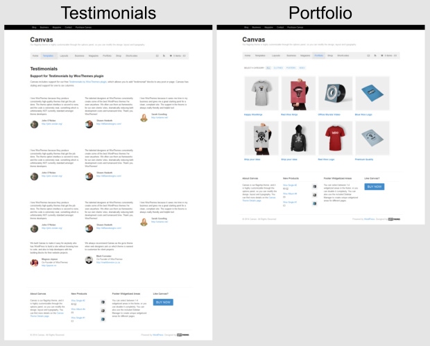 Canvas WooCommerce WordPress Theme Testimonials and Portfolio Page Template