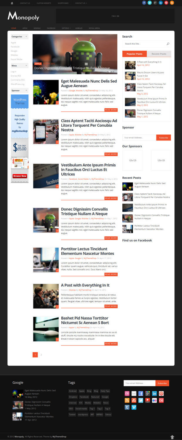 Monopoly WordPress Theme Home Page