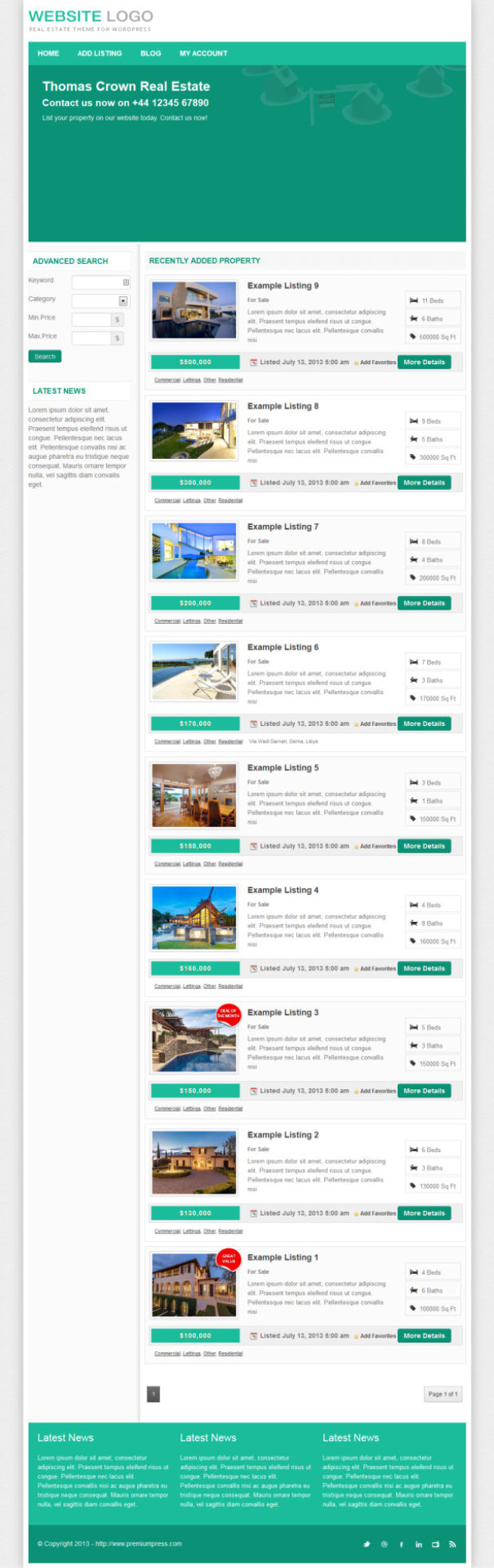 Real Estate WordPress Theme Home Page Template